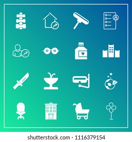 Modern, simple vector icon set on gradient background with home, real, interior, astronaut, snorkel, house, electric, brush, chair, baby, building, property, summer, armchair, spaceship, child icons