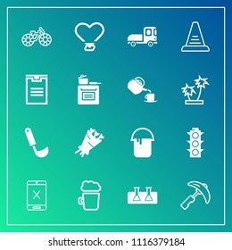 Modern, simple vector icon set on gradient background with bike, connection, traffic, science, house, test, light, alcohol, green, drink, crane, paint, vehicle, wheel, painter, love, ladle, lamp icons