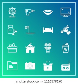 Modern, simple vector icon set on gradient background with machine, radio, eye, architecture, carousel, summer, camera, work, file, office, drink, photography, cocktail, photo, wheel, beacon icons