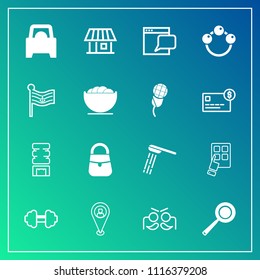 Modern, simple vector icon set on gradient background with modern, bag, kitchen, website, cooking, vehicle, fitness, hygiene, building, container, technology, party, water, cooler, workout, car icons