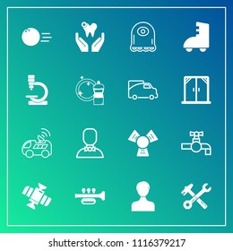 Modern, simple vector icon set on gradient background with sink, wrench, fun, tool, cartoon, white, planet, alien, satellite, account, tap, navigation, sport, water, technology, profile, dentist icons