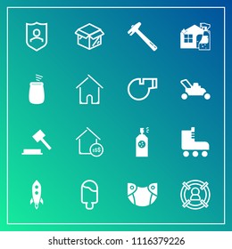 Modern, simple vector icon set on gradient background with skating, law, spray, skate, unpacking, estate, sport, wrench, food, concept, house, price, leisure, target, judge, spanner, sweet, fun icons