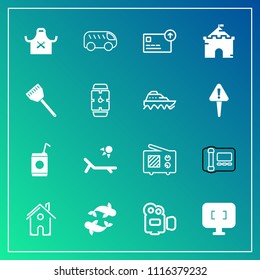 Modern, simple vector icon set on gradient background with chief, equipment, fish, seafood, liquid, signal, highway, business, technology, estate, finance, cold, handle, white, monitor, beverage icons