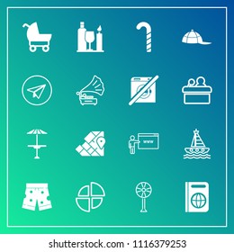 Modern, simple vector icon set on gradient background with atlas, geography, cooler, yacht, stroller, electric, immigration, chart, cafe, child, document, map, sweet, template, light, pram, wine icons