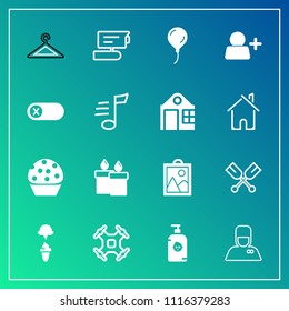 Modern, simple vector icon set on gradient background with image, boat, soap, hotel, machine, water, uniform, doughnut, clothing, cream, picture, flame, canoe, record, ice, dessert, fashion, oar icons
