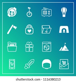 Modern, simple vector icon set on gradient background with delivery, technology, wireless, folder, phone, paper, file, gift, app, white, belt, food, sword, box, table, online, receipt, worker icons