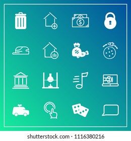 Modern, Simple Vector Icon Set On Gradient Background With Gambling, Property, Can, Childhood, Cash, Call, Finger, Currency, Play, Casino, Click, Dice, Toy, Chemistry, Laboratory, Business, Car Icons