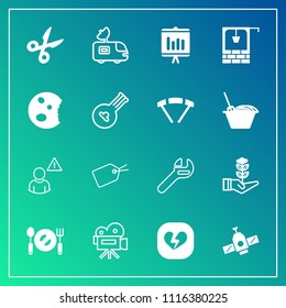 Modern, simple vector icon set on gradient background with movie, nature, orbit, sign, tv, wrench, video, spoon, web, station, cut, antenna, alarm, life, plate, spanner, planet, heart, growth icons