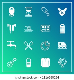 Modern, simple vector icon set on gradient background with oar, presentation, communication, technology, graph, business, space, music, transport, paddle, craft, map, musical, globe, canoe, van icons