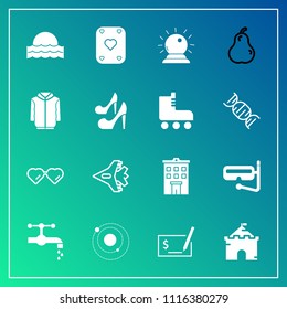 Modern, simple vector icon set on gradient background with aircraft, estate, bathroom, tower, castle, sunglasses, mask, sorcery, pay, sea, magic, galaxy, check, nature, game, jet, water, glasses icons