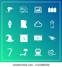 Modern, simple vector icon set on gradient background with transportation, sunbed, tape, health, minute, weapon, sweet, chair, insulating, war, electrical, screen, traffic, tool, vehicle, dryer icons
