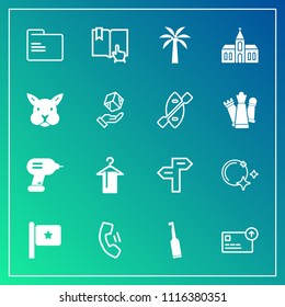 Modern, simple vector icon set on gradient background with brush, telephone, rabbit, night, industry, religious, arrow, click, way, home, office, clothing, drill, hanger, toothbrush, open, moon icons