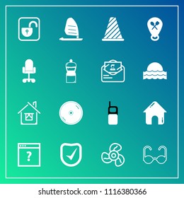 Modern, simple vector icon set on gradient background with restaurant, electric, building, cool, old, ventilator, disk, mobile, air, wind, open, architecture, unlock, lock, protection, telephone icons