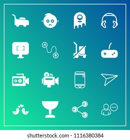 Modern, simple vector icon set on gradient background with animal, film, computer, equipment, search, baby, monster, phone, child, glass, mower, social, grass, headphone, lawn, space, dove, love icons