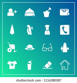 Modern, simple vector icon set on gradient background with beverage, sign, erase, kitchen, white, chief, drink, summer, clothes, object, phone, children, handicap, eye, estate, eyeglasses, book icons