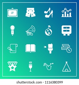 Modern, simple vector icon set on gradient background with list, fashion, drink, red, outdoor, book, literature, tent, tv, room, paper, adventure, trumpet, entertainment, wc, shorts, restroom icons