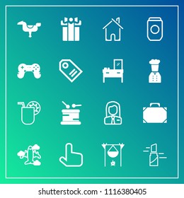 Modern, simple vector icon set on gradient background with happy, kid, makeup, job, cocktail, employee, present, bonfire, click, sound, employer, juice, flame, flight, people, bag, campfire, hot icons