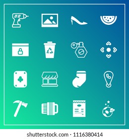 Modern, simple vector icon set on gradient background with equipment, location, white, hand, curtain, wrench, exploration, mobile, game, spaceship, food, hammer, art, play, work, space, lock icons