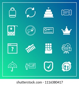 Modern, simple vector icon set on gradient background with business, bar, unknown, pie, tripod, stroke, food, movie, presentation, kid, umbrella, table, retro, protection, people, security, rain icons