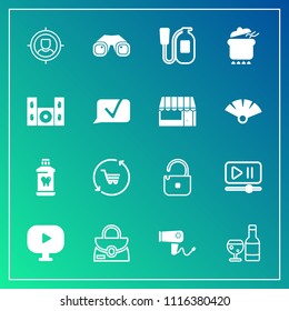 Modern, simple vector icon set on gradient background with player, fire, fashion, dryer, pot, red, drink, bag, business, wine, security, button, hair, hygiene, binocular, retail, shop, sign icons