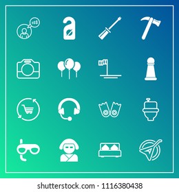 Modern, simple vector icon set on gradient background with scuba, wrench, kimono, musical, freelance, sound, headphone, japan, motel, audio, restroom, beautiful, double, shop, folk, label, sport icons
