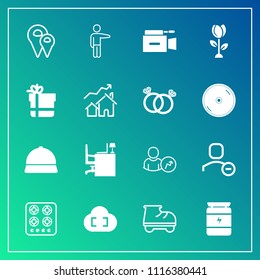 Modern, simple vector icon set on gradient background with floral, road, leisure, television, web, user, pointing, nutrition, gas, film, blossom, roller, office, delete, flower, white, showing icons