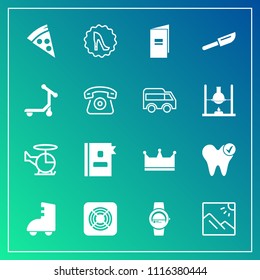 Modern, simple vector icon set on gradient background with watch, dinner, travel, dental, aircraft, fork, pizza, air, photo, lunch, helicopter, knife, frame, paper, roller, healthy, time, phone icons