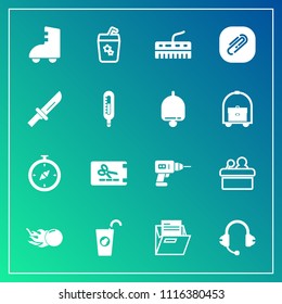 Modern, simple vector icon set on gradient background with space, healthy, comet, equipment, clip, fruit, roller, keyboard, map, hand, dinner, work, file, skating, office, price, machine, drill icons