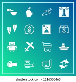 Modern, simple vector icon set on gradient background with air, glass, hot, cart, snorkel, vessel, ocean, transport, photo, travel, drink, market, technology, flight, seafood, aviation, white icons