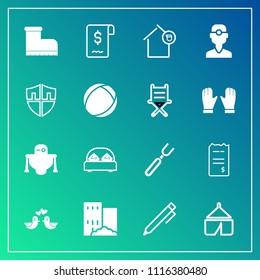 Modern, simple vector icon set on gradient background with write, dove, building, spoon, pen, bedroom, fork, leather, camp, tent, sign, bird, hand, furniture, style, finance, footwear, landlord icons