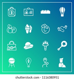 Modern, simple vector icon set on gradient background with spaceship, barbecue, tag, food, ufo, fashion, rattle, map, waiter, restaurant, price, travel, apple, wine, female, style, meat, object icons