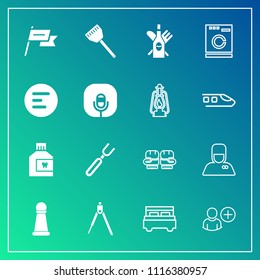 Modern, simple vector icon set on gradient background with instrument, boxing, dinner, interior, sign, user, piece, glove, mouth, bed, fight, competition, hotel, hospitality, king, mouthwash icons