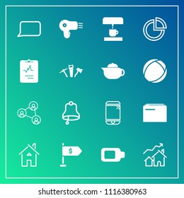 Modern, simple vector icon set on gradient background with sign, coffee, pie, energy, finance, touchscreen, speech, estate, technology, location, medical, communication, battery, chart, real icons