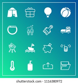 Modern, simple vector icon set on gradient background with box, coin, yacht, thermometer, camp, soap, ringing, bank, blank, telephone, phone, communication, tent, travel, parachute, money, call icons