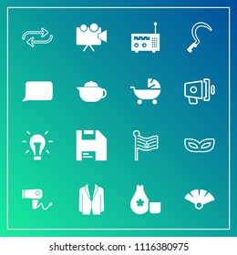 Modern, simple vector icon set on gradient background with fan, america, substitute, projection, light, celebration, computer, video, japan, diskette, mask, energy, nation, bulb, idea, sake icons