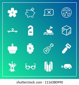 Modern, simple vector icon set on gradient background with smart, blossom, coat, flower, chat, fashion, kitchen, bank, potato, spring, baby, carriage, red, gadget, outfit, coin, doughnut, watch icons