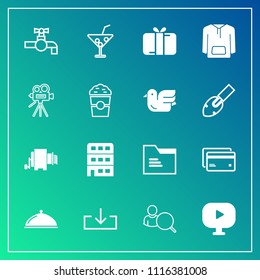Modern, simple vector icon set on gradient background with file, jacket, service, summer, bathroom, restaurant, architecture, paper, water, tap, gift, camera, sign, holiday, glass, debit, juice icons