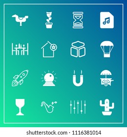 Modern, simple vector icon set on gradient background with wine, sand, van, science, note, clock, pot, magnet, equality, vehicle, ice, horse, child, plant, energy, home, magnetic, green, cream icons