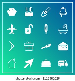 Modern, simple vector icon set on gradient background with airplane, shovel, plane, right, spoon, architecture, estate, gift, message, sign, equipment, ambulance, button, web, restaurant, health icons