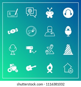 Modern, simple vector icon set on gradient background with hair, nature, care, bonfire, field, musical, campfire, real, dryer, street, guitar, estate, tractor, beauty, route, communication, farm icons