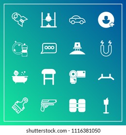 Modern, simple vector icon set on gradient background with paintbrush, interior, comfortable, chemistry, wine, gun, chair, nuclear, taxi, laboratory, armchair, holder, equipment, cylinder, bath icons
