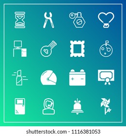 Modern, simple vector icon set on gradient background with motorcycle, makeup, office, red, bell, rider, business, love, floral, repair, frame, perfume, clock, pump, fashion, blossom, battery icons