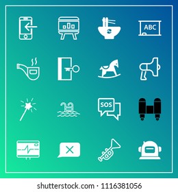 Modern, simple vector icon set on gradient background with chat, chalkboard, bowl, space, pulse, noodle, bugle, template, water, trumpet, meal, board, chart, food, mobile, heart, internet, phone icons