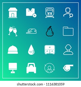 Modern, simple vector icon set on gradient background with object, drink, profile, pear, transport, equipment, internet, food, sale, shirt, fresh, train, person, refresh, web, whistle icons