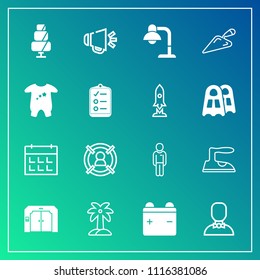 Modern, simple vector icon set on gradient background with profile, male, boy, domestic, construction, customer, timetable, food, clothes, tropical, sign, target, internet, doughnut, ironing icons