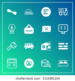 Modern, simple vector icon set on gradient background with nature, tipper, app, cleaner, bow, statistic, screwdriver, gift, truck, arrow, transportation, finance, speed, television, hammer, road icons