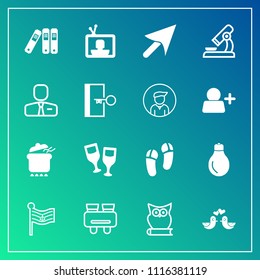 Modern, simple vector icon set on gradient background with food, bulb, power, national, web, vision, red, research, dish, search, footwear, cursor, tv, file, energy, nation, america, glass, dove icons