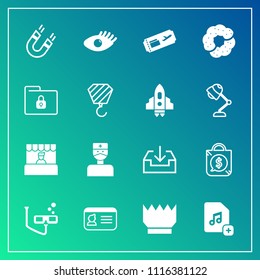 Modern, simple vector icon set on gradient background with travel, medical, store, science, girl, download, grocery, add, doctor, ticket, mask, price, beautiful, flight, identification, crown icons