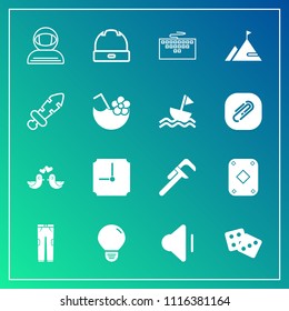 Modern, simple vector icon set on gradient background with science, pants, clothing, fashion, idea, industrial, repair, love, play, casino, pigeon, service, space, poker, dice, game, music, bird icons