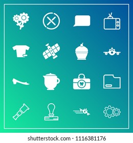 Modern, simple vector icon set on gradient background with television, footwear, paper, travel, drink, nature, blossom, talk, care, bubble, technology, sky, hot, departure, brush, sign, tv, tea icons